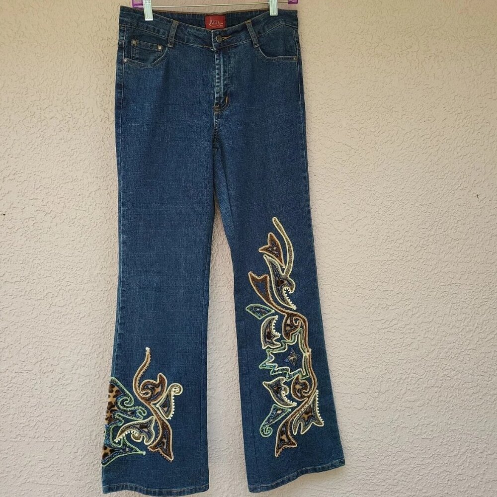 Azita Woman's Blue Embroidered/Beaded/Animal Print/Paisley Bootcut Jeans Sz 6